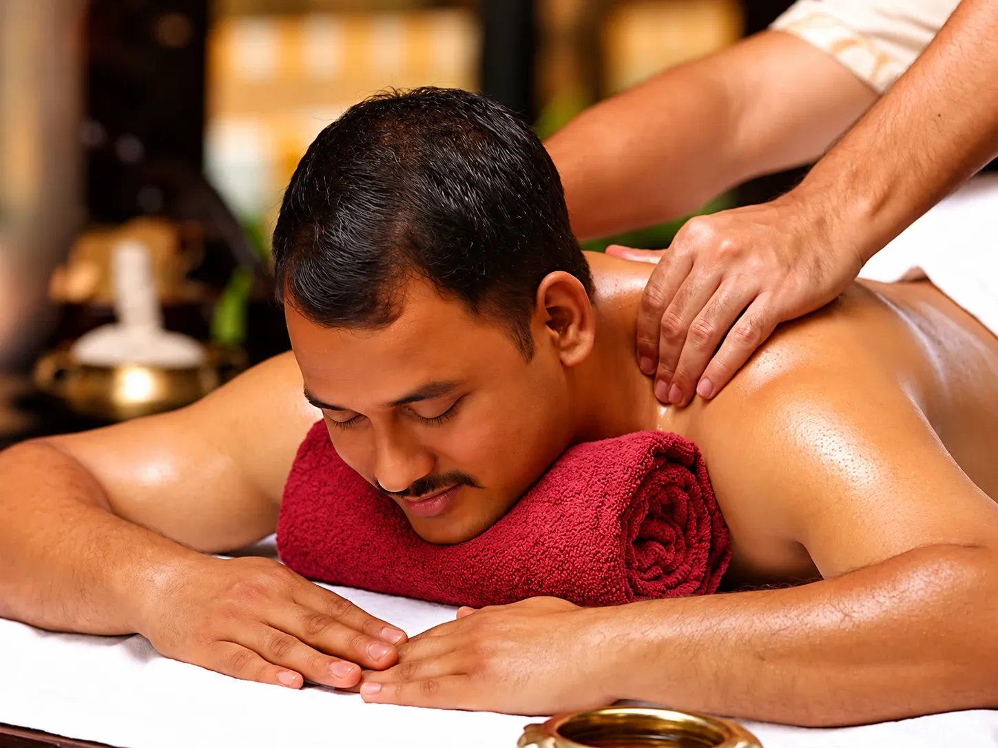 guest resting on a rolled towel during a traditional oil massage, a brass oil bowl beside him